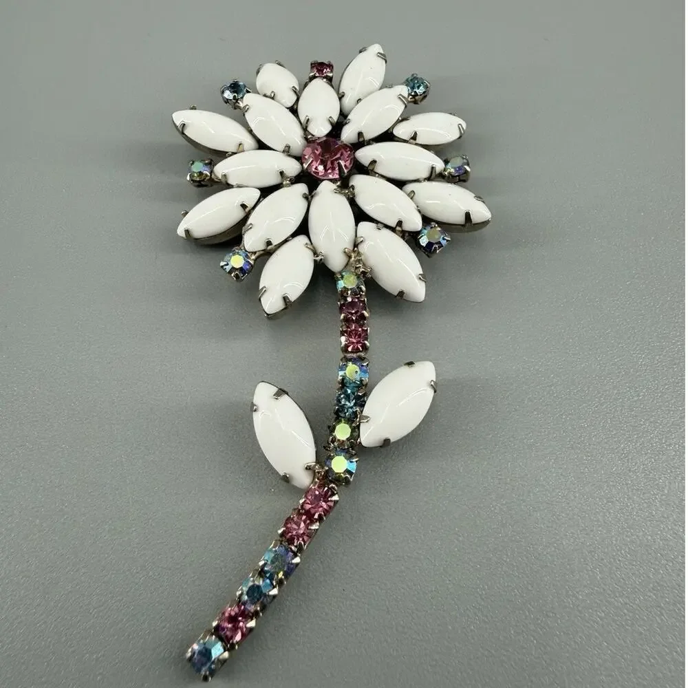 Vintage White Milk Glass Rhinestone Flower Brooch Pink AB Blue Floral Stem Pin